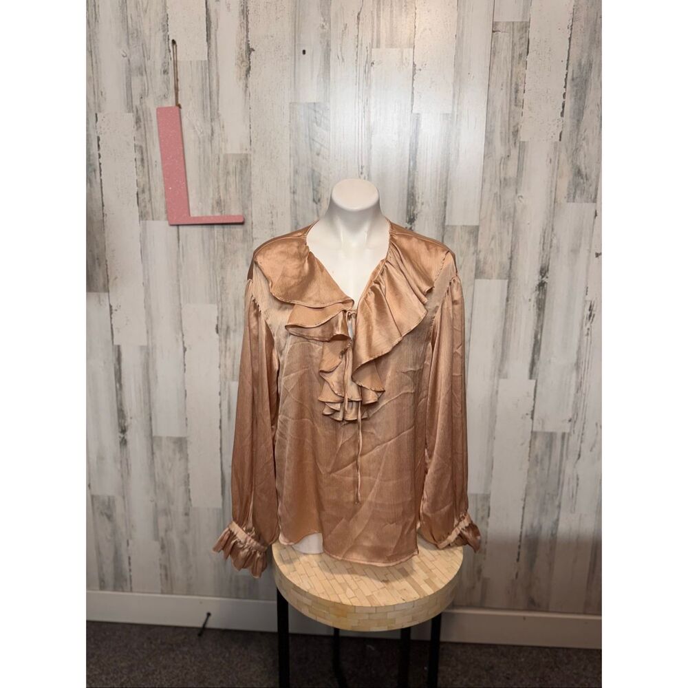 SHEIN Champagne Gold Satin Ruffle Blouse Womens Size Large L Long Balloon Sleeve - Picture 1 of 6